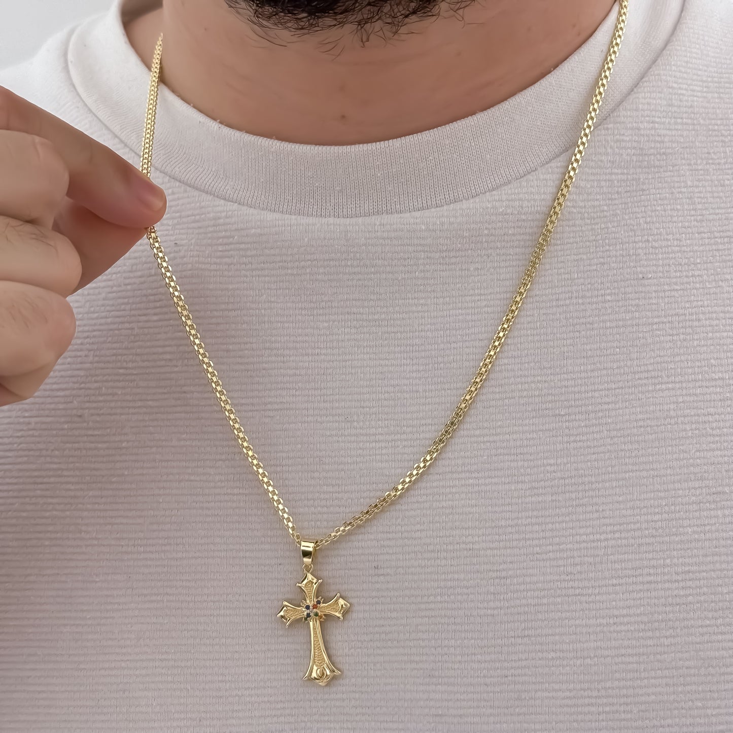 Cadena Tejido Chino de Hombre de 60cm de 3mm de Grosor + Cruz con micro circones cristales en Oro Laminado 18k con Garantia de por vida