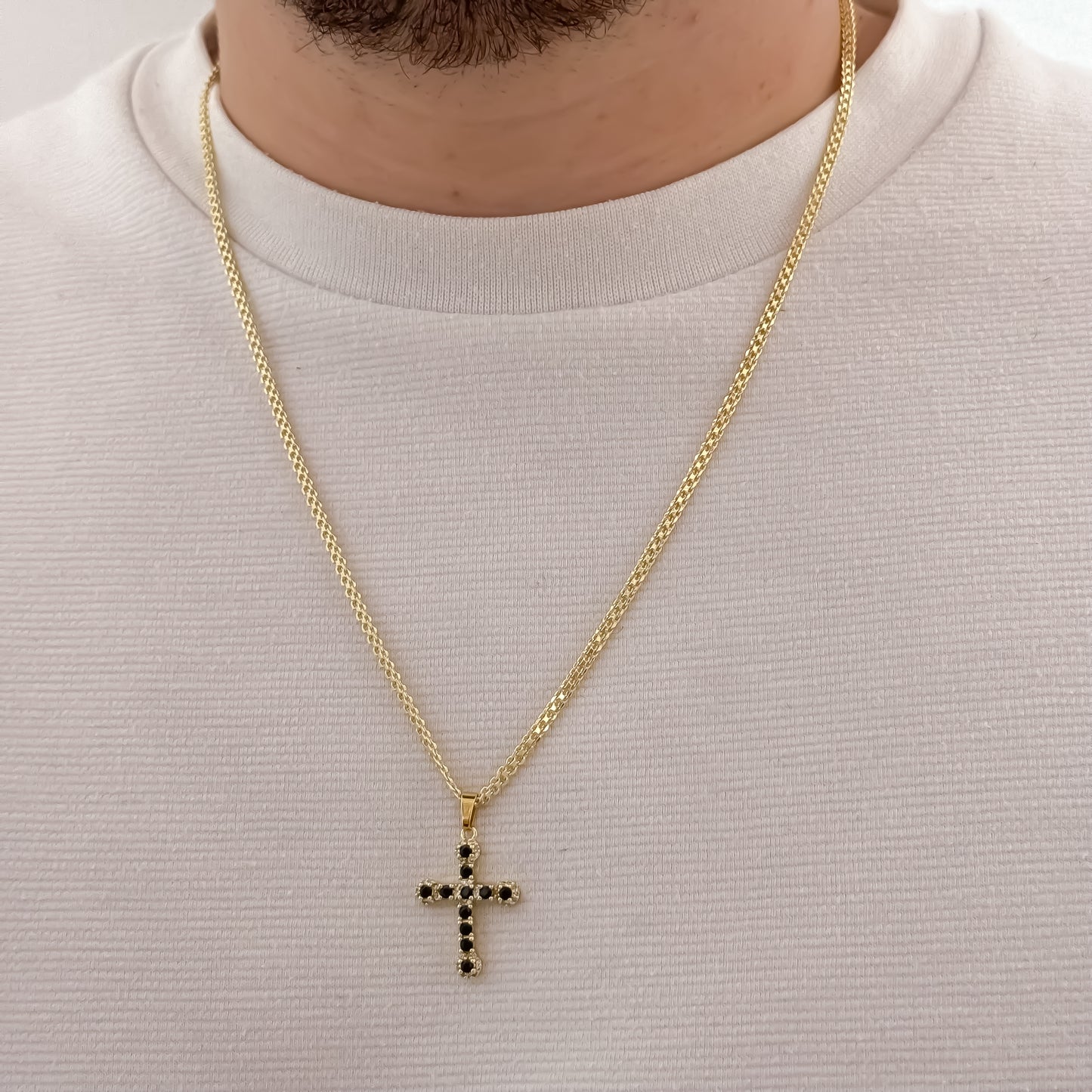 Cadena Tejido Chino 60cm de Hombre  de 3mm de Grosor + Cruz Clavo con Micro circones en  Oro Laminado 18k con Garantia de por vida