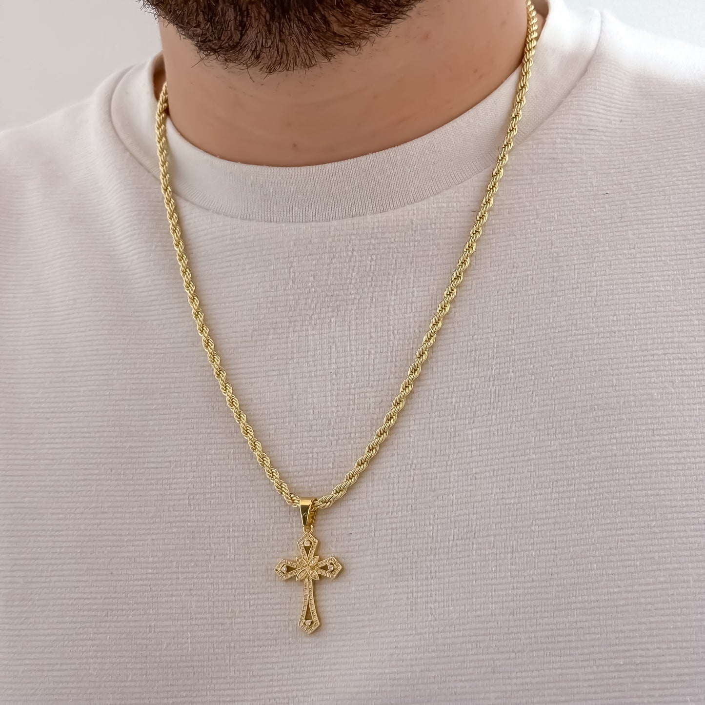 Cadena Tejido lazo Grueso de Hombre de 60cm -5mm de Grosor + Cruz Trebol con Micro circones en Oro Laminado 18k con Garantia de por vida