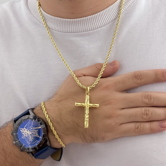 Juego de cadena Lazo Siciliano de Hombre de 60cm de 3mm de Grosor + Dije de Placa con cristo Madero en Oro Laminado 18k con Garantia de por vida + Reloj Original DIESEL con Garantía