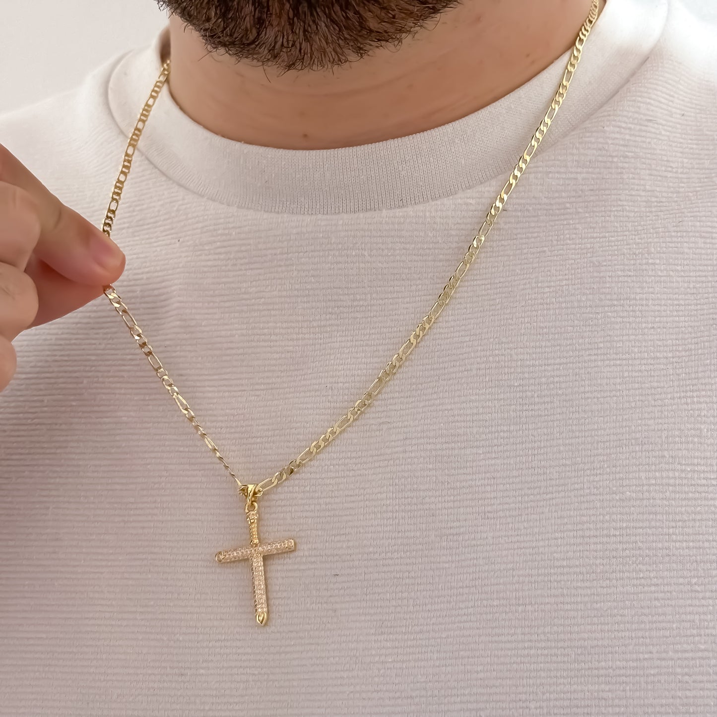 Cadena Tejido catier de Hombre de 60cm -3mm de grosor + Cristo Cruz  Clavo en Oro Laminado 18k con Garantia de por vida